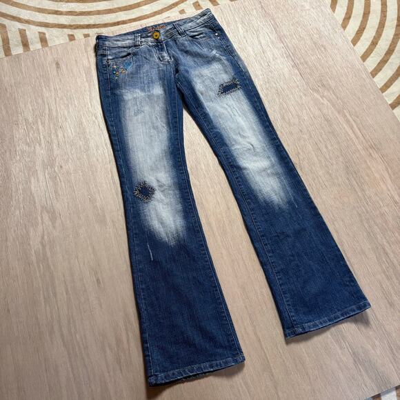 Success Embellished Distressed Flare Denim Jeans / Bell-Bottoms w/ Stitching - Picture 1 of 6